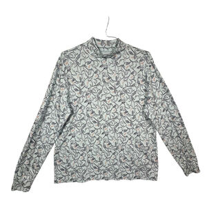 Lands End Blouse Women's Sz XL 18 Blue White Floral Long Sleeve Blue